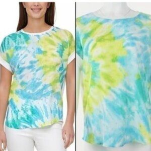 2 Calvin Klein Women Tie-Dye T-Shirt Blue Orange Crew Neck Short Sleeves Size 1